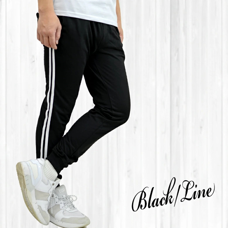サイド2本ラインスウェットパンツ メンズ スリム 12411細身新品ブラックLL拍卖