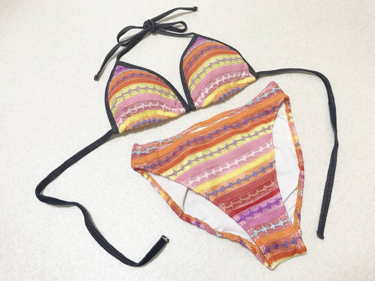 ●水着 9M●クロシェラメ入りニット編み*ソフト三角ビキニ:デニムパイピング*マルチボーダー拍卖