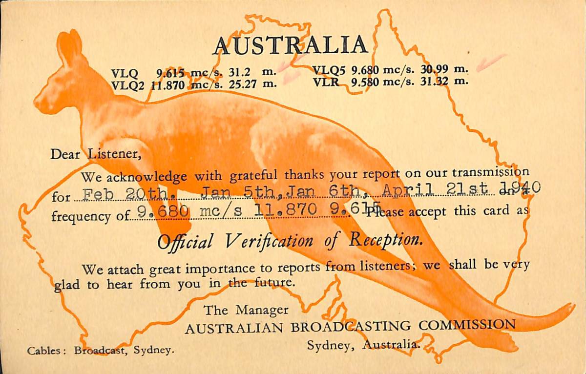 即決★送料込★激レア★BCL★入手困難★希少ベリカード★ABC★オーストラリア放送委員会★1940年(昭和15年)拍卖