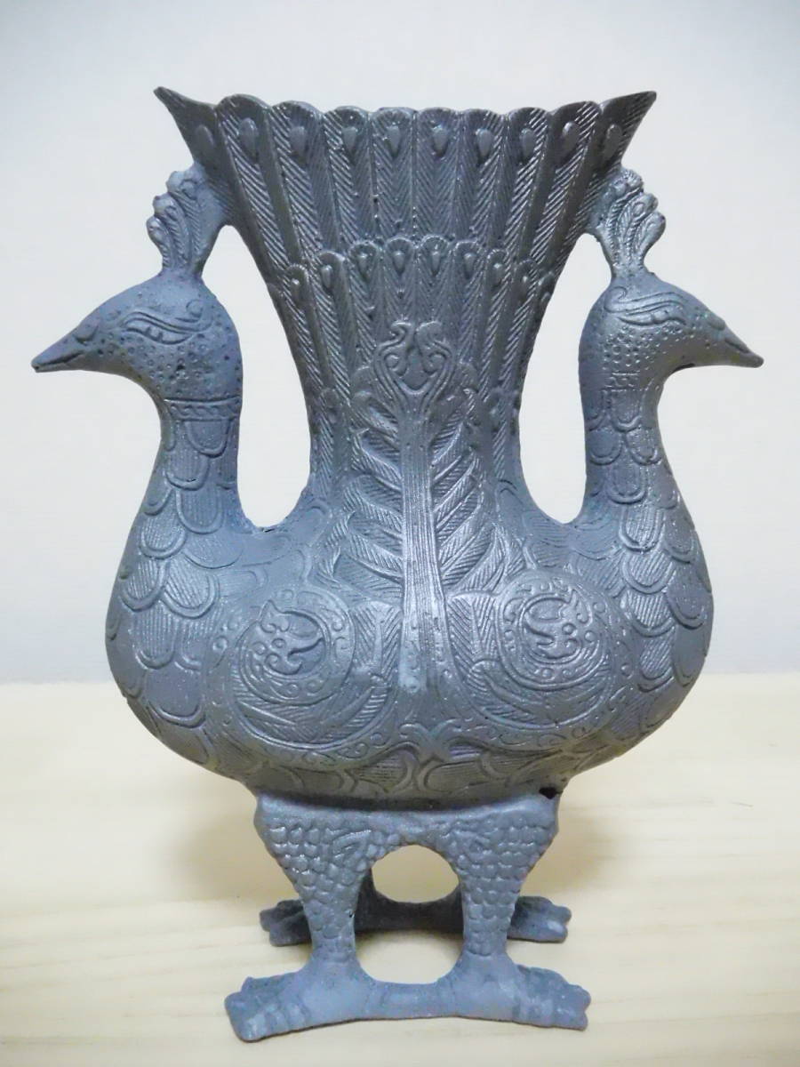 A63-204W 置物 金属製(銅製?) 鳳凰柄 中古 高さ約17.3cm (2-上)拍卖