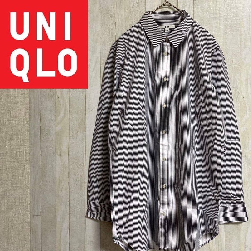 UNIQLO★ユニクロ★エクストラファインコットンストライプロングシャツ 長袖★サイズM 3-187拍卖