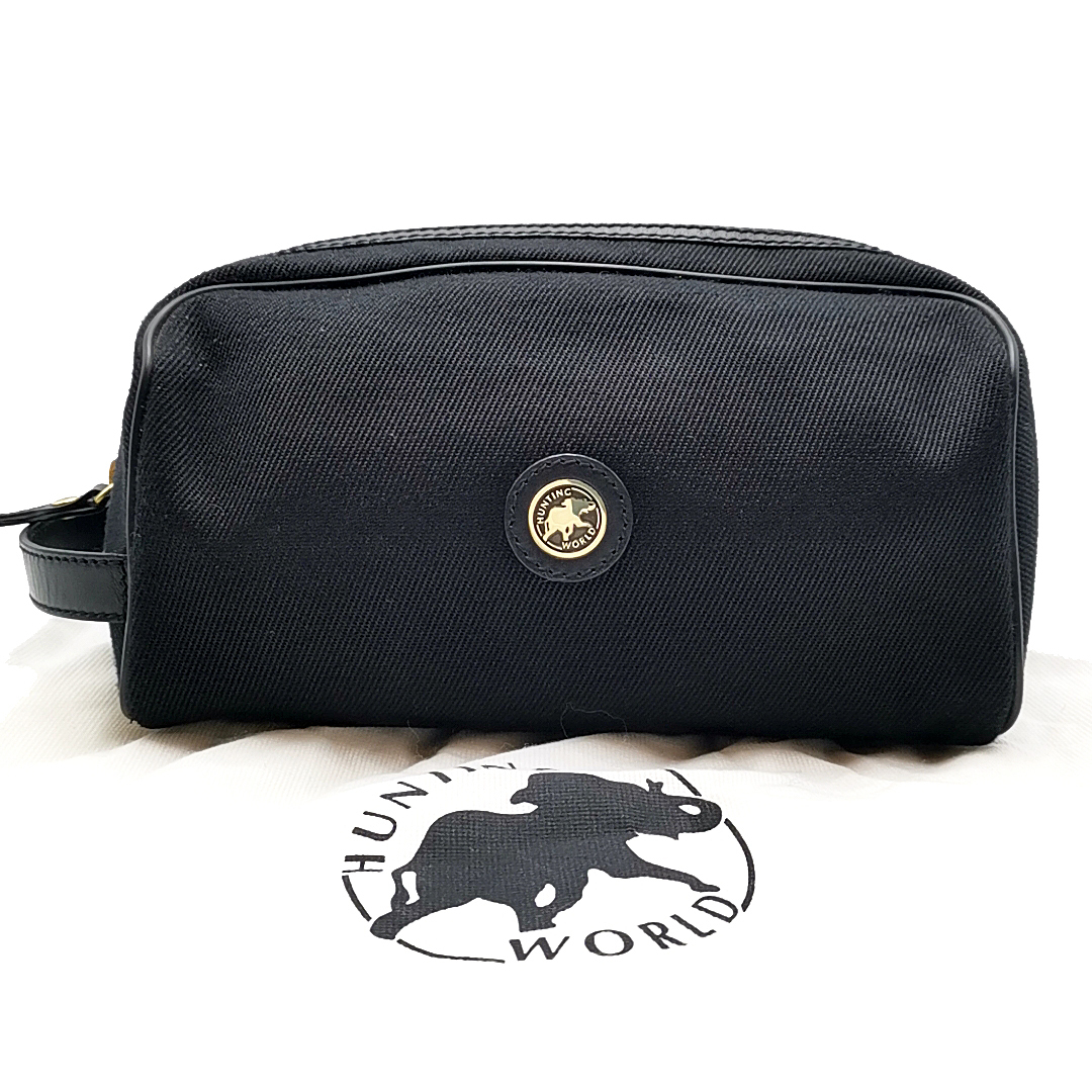 送料無料 超美品 ハンティングワールド クラッチバッグ セカンドバッグ 鞄 サファリトゥデイ 手提げ キャンバス レザー 本革 黒系 メンズ拍卖
