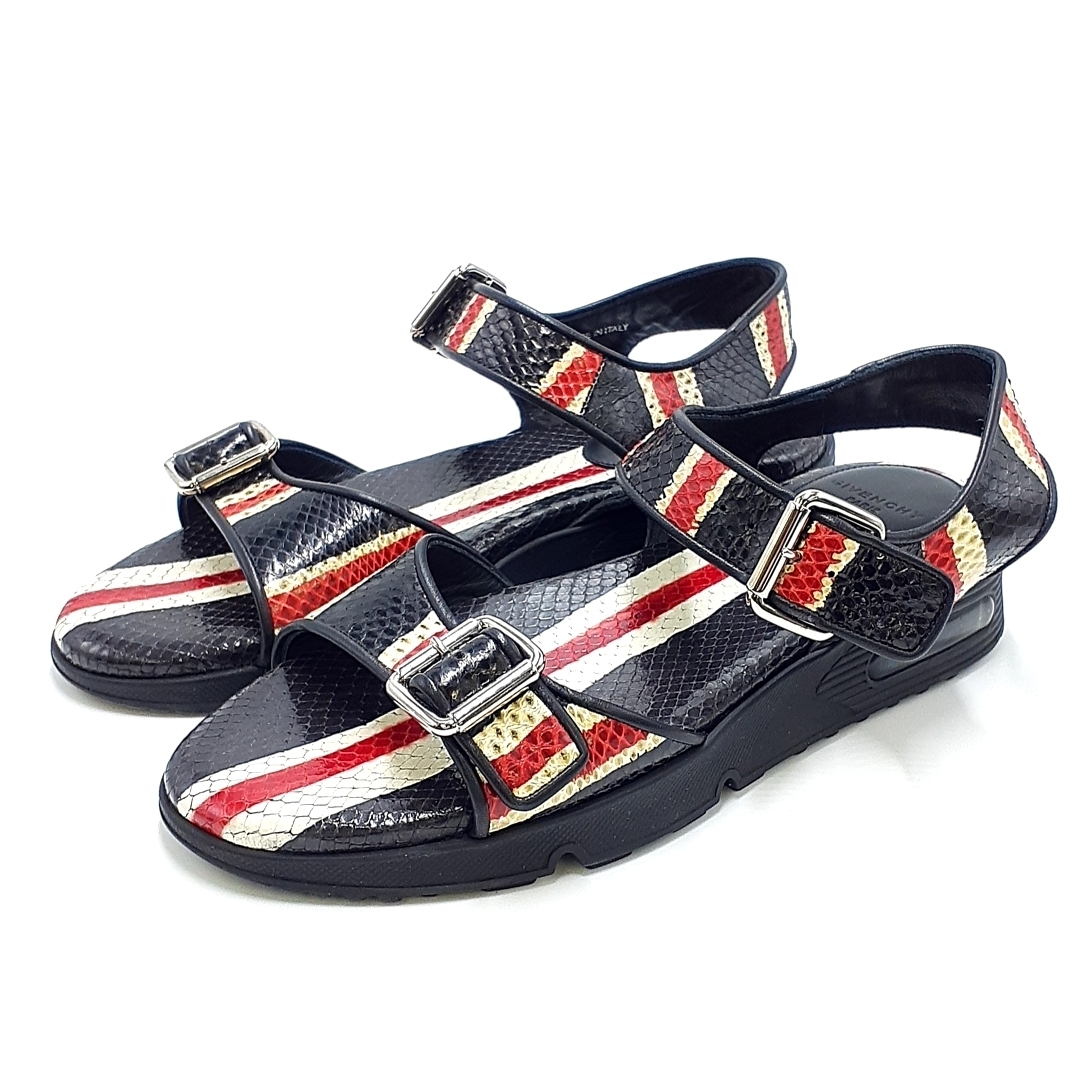 送料無料 美品 ジバンシィ GIVENCHY サンダル 靴 シューズ 14Q8009833 960 ストラップ パイソン ヘビ革 レザー 40 25cm相当 黒系 メンズ拍卖