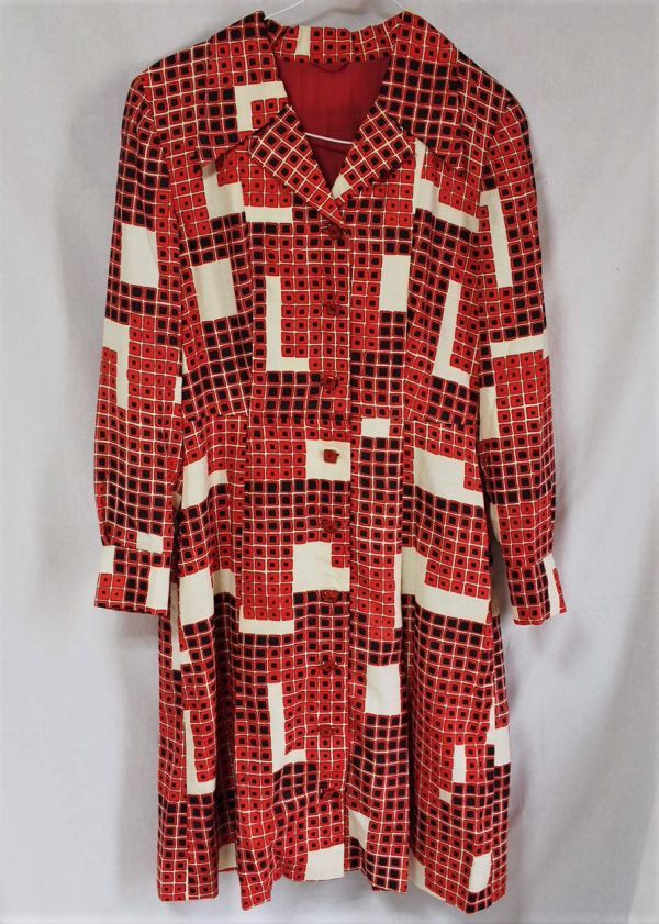ヴィンテージ古着◆スクエア柄ワンピース スプリングコート/幾何学柄/昭和レトロ/ビンテージ/アンティーク/古着/Aライン/長袖/飾りボタン拍卖
