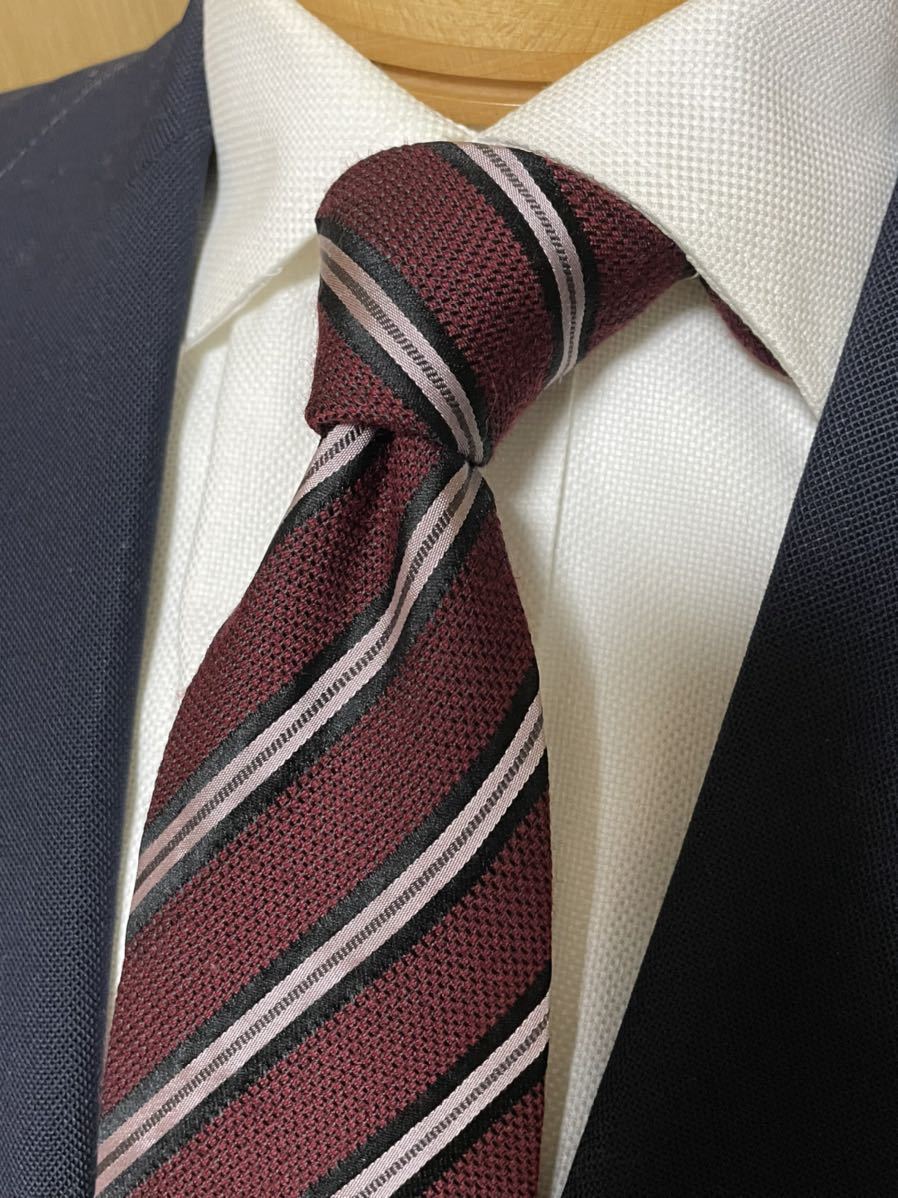 【美品】ワインレッドストライプネクタイ ウールタイ 大剣約9cm ネクタイ レッド基調拍卖