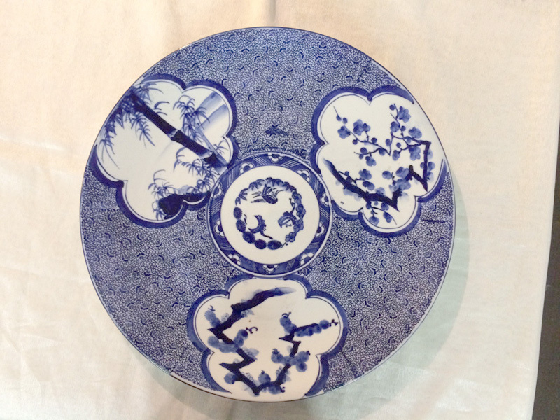 ★明治時代_骨董一点もの! 印判&手描き 三窓 松竹梅 みじん特大皿 乾銘 梶原貞一 作 明治期拍卖