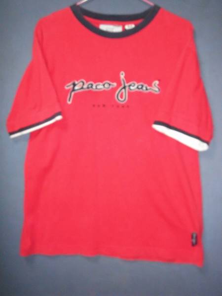 ③ 古着 サイズM 前ロゴ paco jeans 重ね着風 赤色半袖Tシャツ拍卖