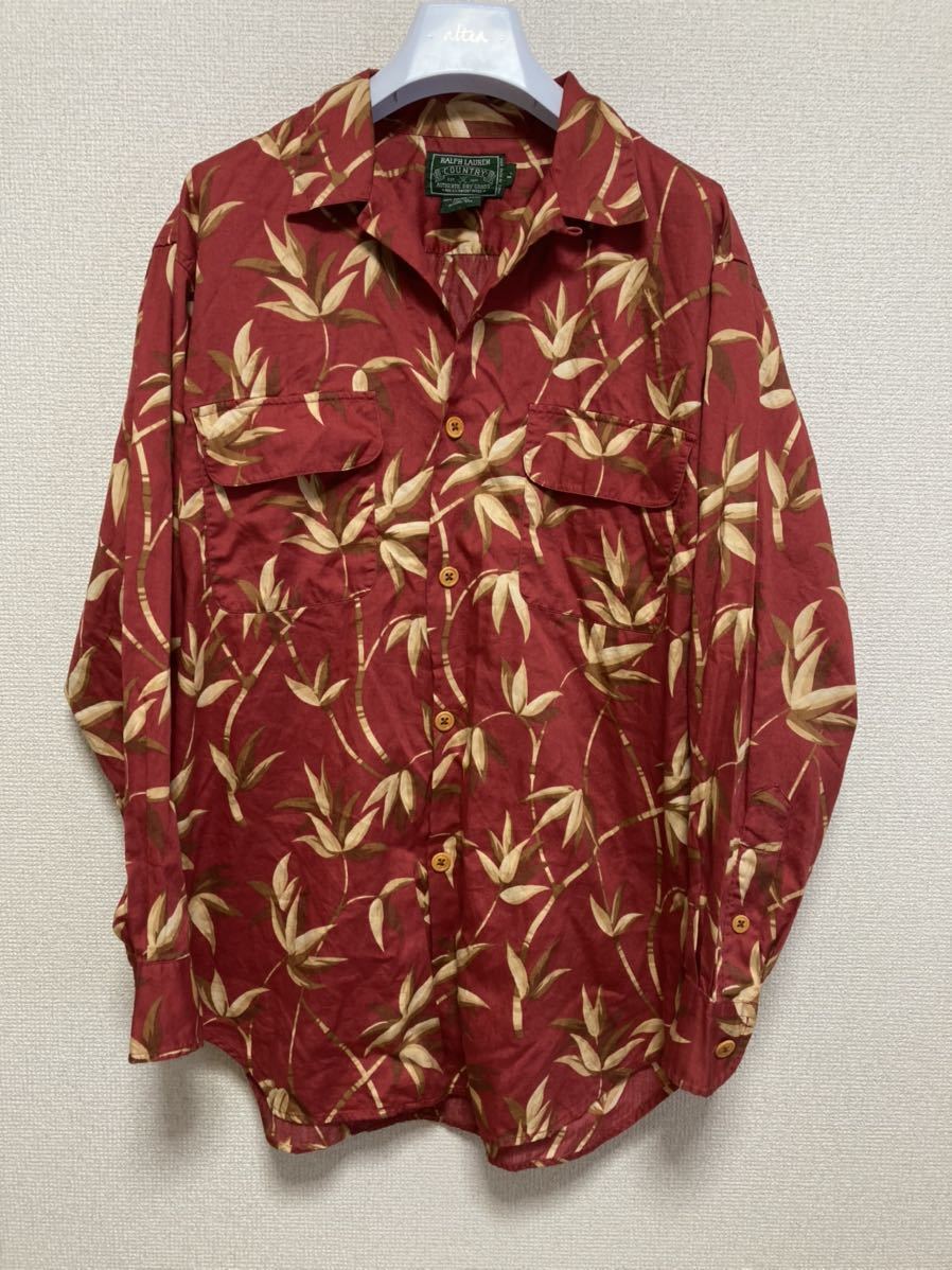 80's90's POLO COUNTRY ポロカン RALPH LAUREN COUNTRY オープンカラーシャツ 総柄シャツ / 長袖 ハワイアン アロハ L 赤系拍卖