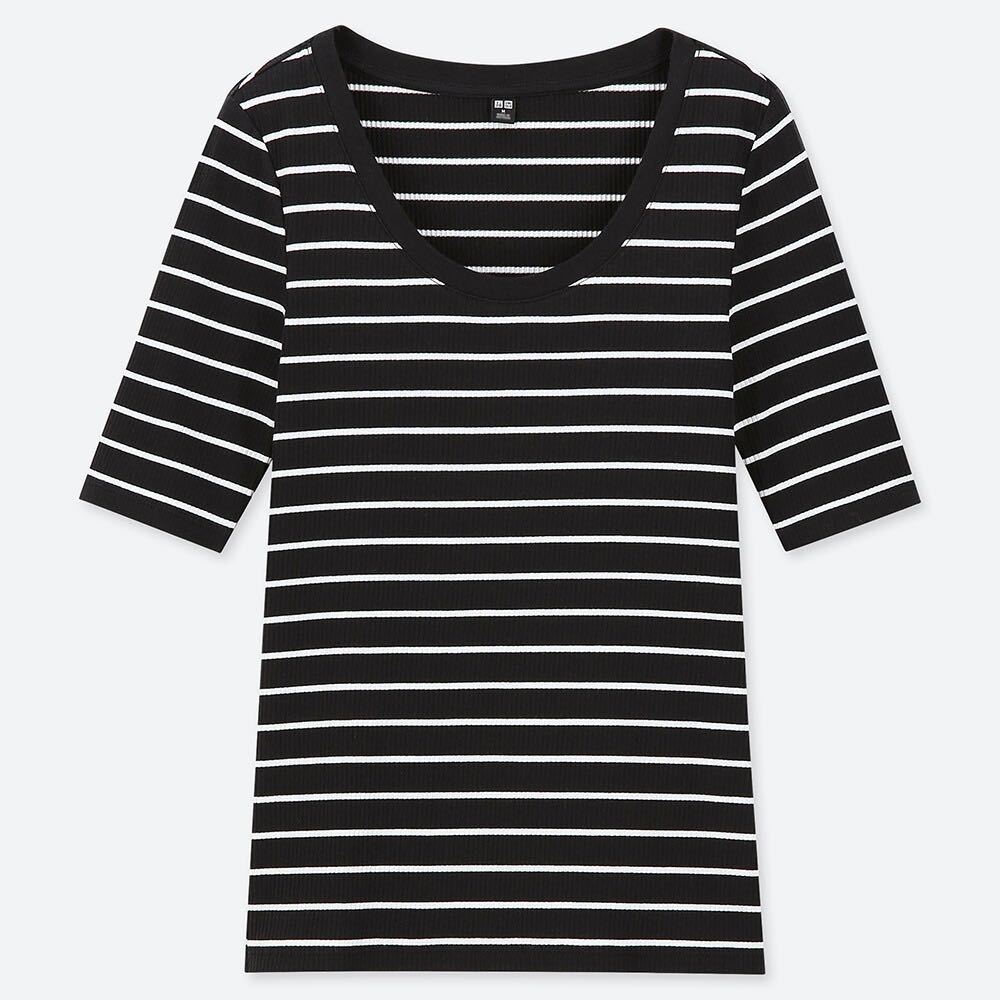 XLサイズ【ユニクロ】リブボーダーUネックT(5分袖)★黒拍卖