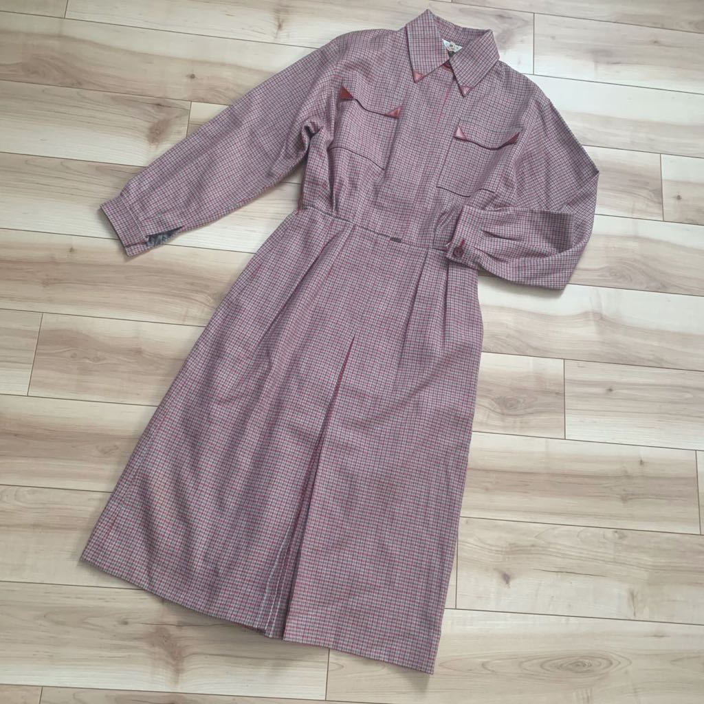 CELINE セリーヌ ヴィンテージ レザー切替 チェック柄 ロング シャツ プリーツワンピース 38拍卖