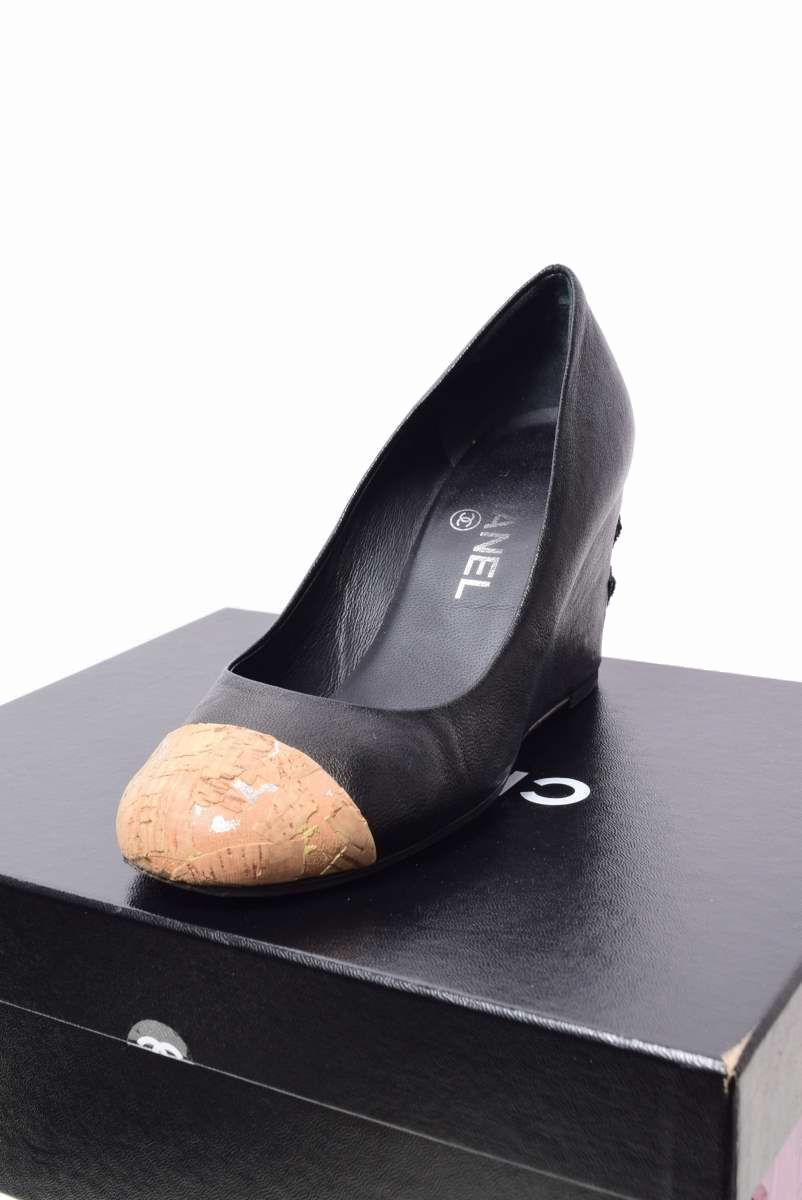 CHANEL 12C ESCARPINS レザー コルク ウェッジ パンプス 36.5 ブラック シャネル KL4QASUP93拍卖