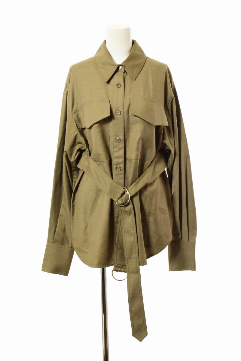 未使用 J KOO シルクウール ベルテッド デザイン シャツ S カーキ ジェイクー KL4CUHQH28拍卖