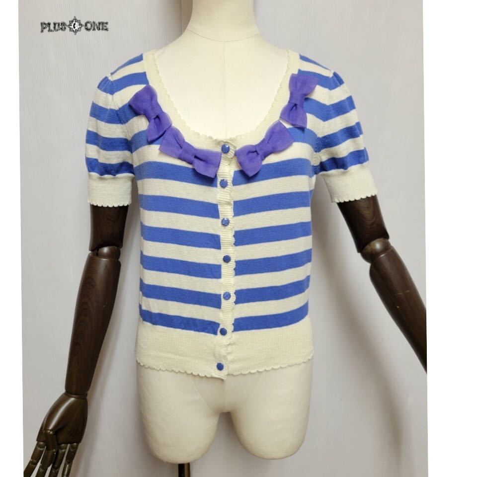 【Emily Temple Cute】オーガンジーリボン付ボーダーニットカーディガン/エミリーテンプルキュート拍卖