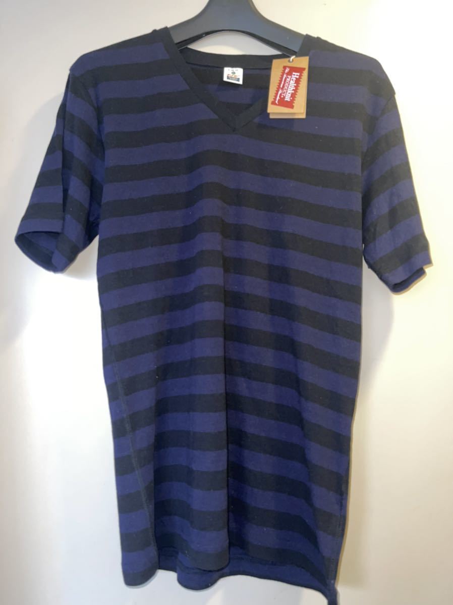 【特価】 Healthknit ヘルスニット ボーダーTシャツ VネックTシャツ ネイビー Mサイズ 新品タグ付き拍卖