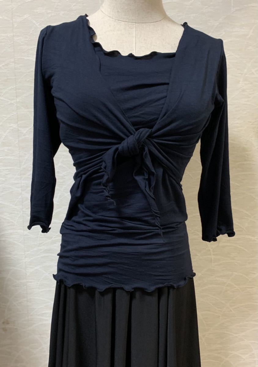 バレエ/ピラティス/ヨガなど 7分袖トップス ロング カシュクール重ね 濃紺/ネイビー M拍卖