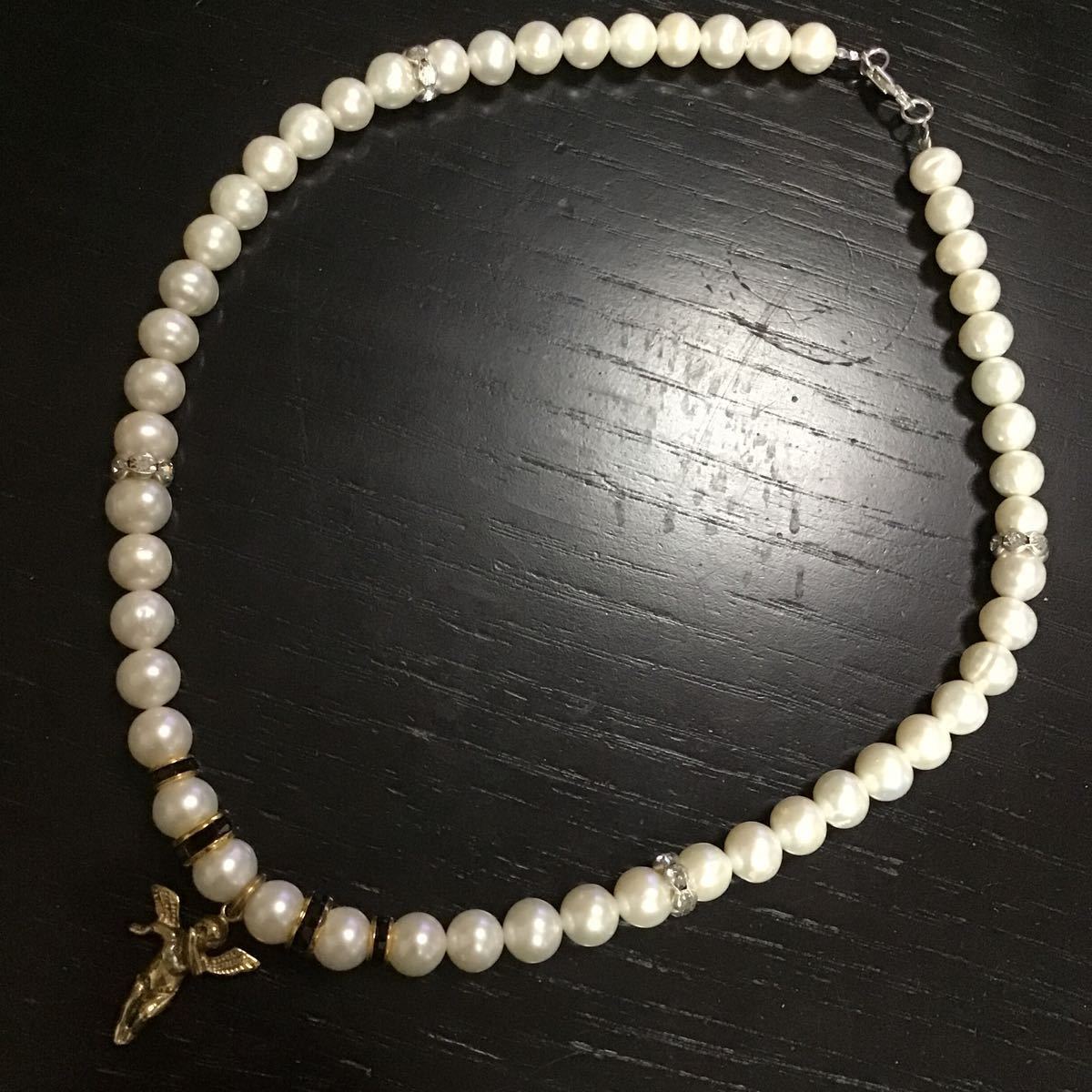 シルバー925 ゴールド エンジェル & ホワイト パール ネックレスセット 43cm 真珠 ハンドメイド インディアンジュエリー拍卖