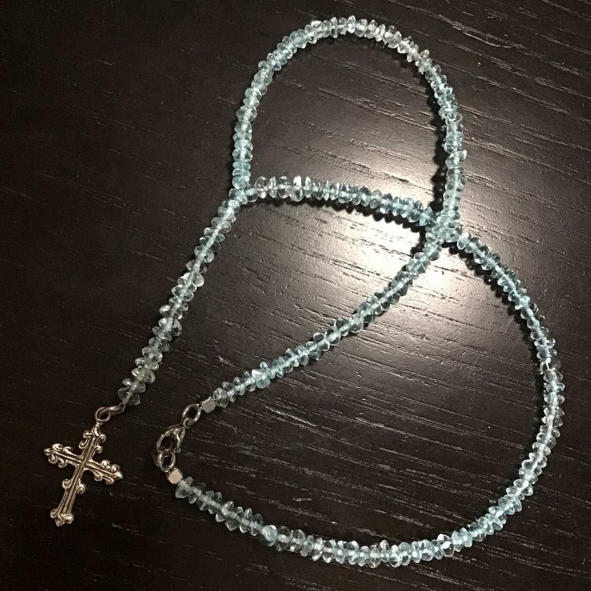 シルバー925 ブルートパーズ & クロス ロザリオ ネックレス 首回り42cm+8cm パワーストーン ペンダント ☆ マリア キリスト ☆拍卖