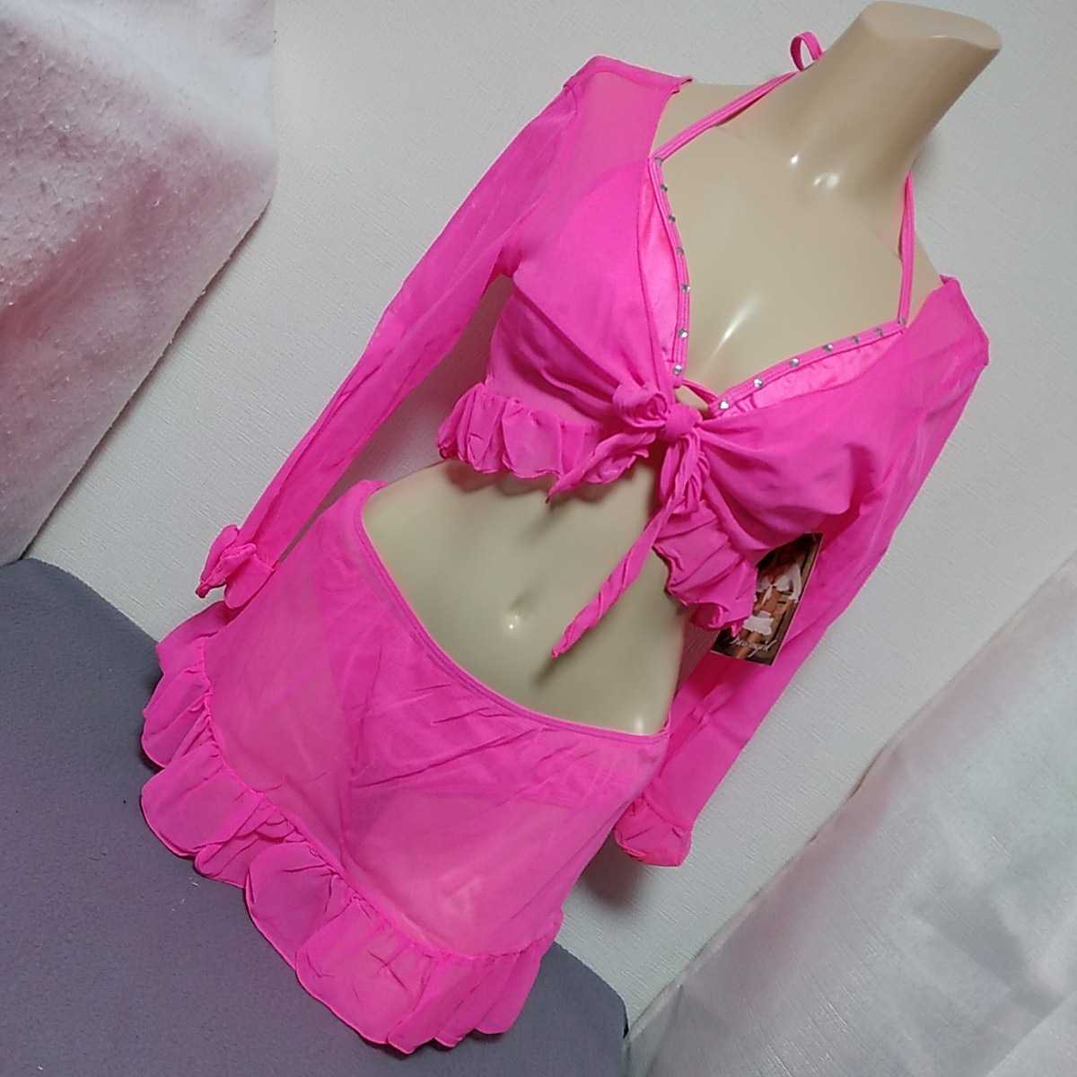 Dreamgirl 5567 ラインストーン付き4ピースセット M ブラ Tバックパンティ クロップトップ ミニスカート ネオンピンク拍卖