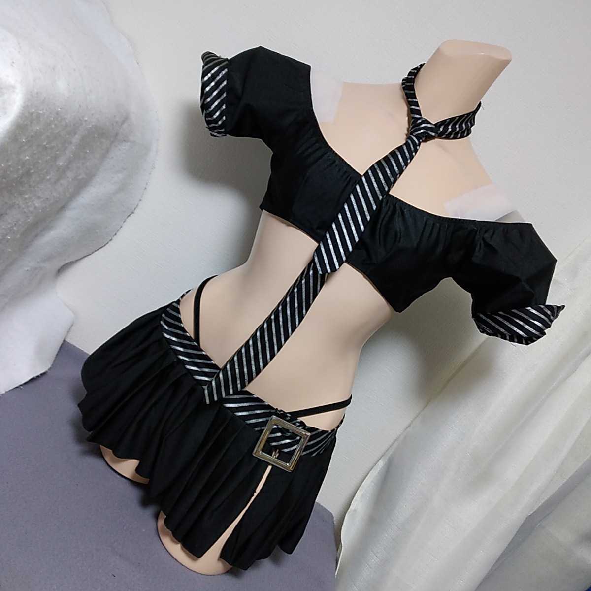 Dreamgirl 5002 ブラック×シルバー ストライプ 4ピースセット M オフショルダートップス ミニスカート パンティ ネクタイ拍卖