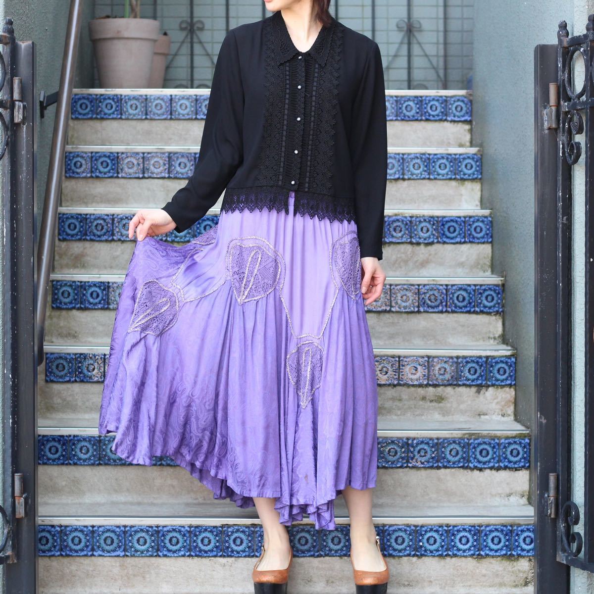 EU VINTAGE LACE EMBROIDERY JACQUARD DESIGN LONG SKIRT MADE IN HUNGARY/ヨーロッパ古着レース刺繍ジャガードデザインロングスカート拍卖
