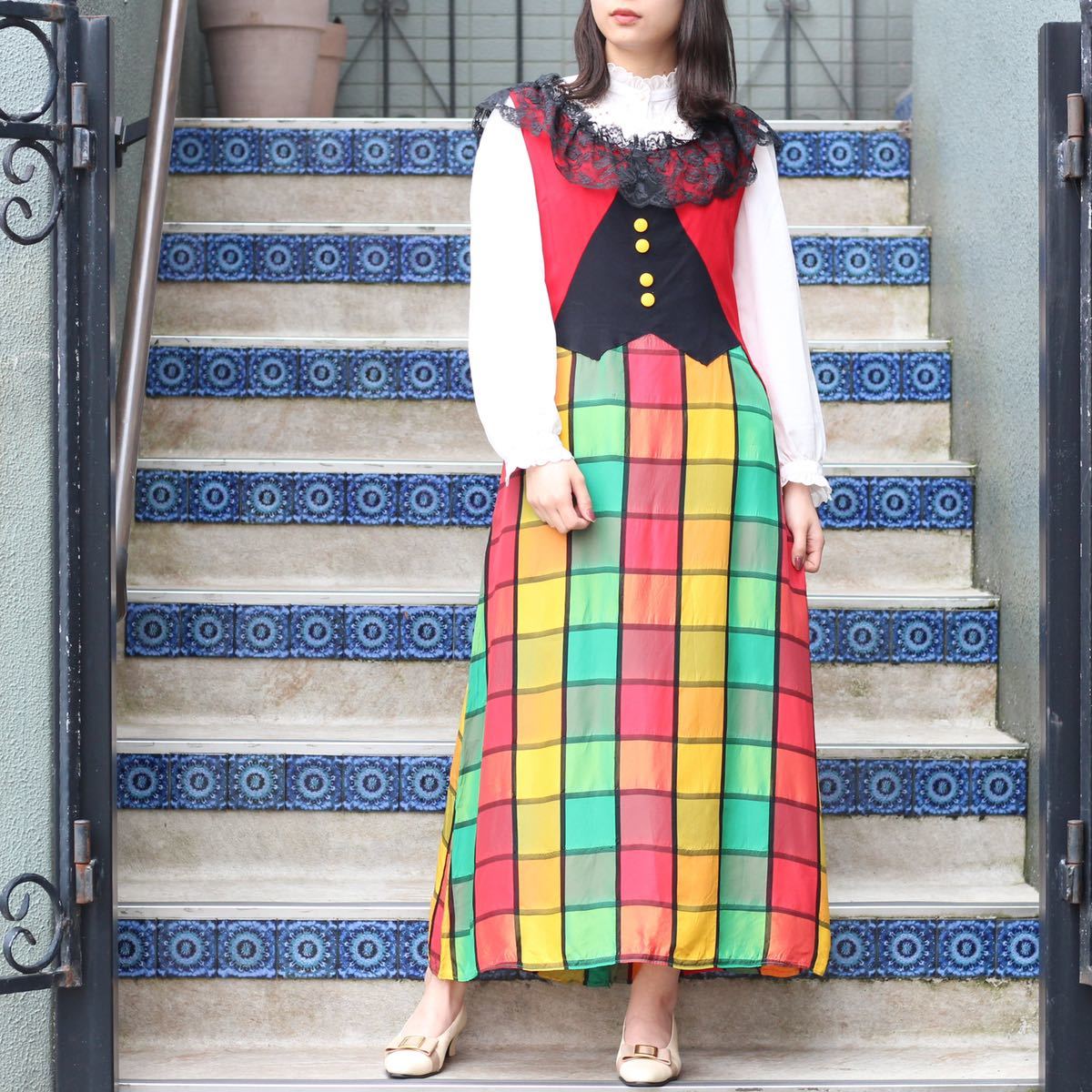 USA VINTAGE LACE COLLAR PEPLUM DESIGN ONE PIECE/アメリカ古着レース襟ペプラムデザインワンピース拍卖