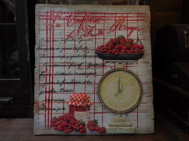 【フランス蚤の市時計付き木製プレート】クウォーツ計りスケール壁掛ボードカフェbar古道具アンティーク骨董インテリアインダストリアル拍卖