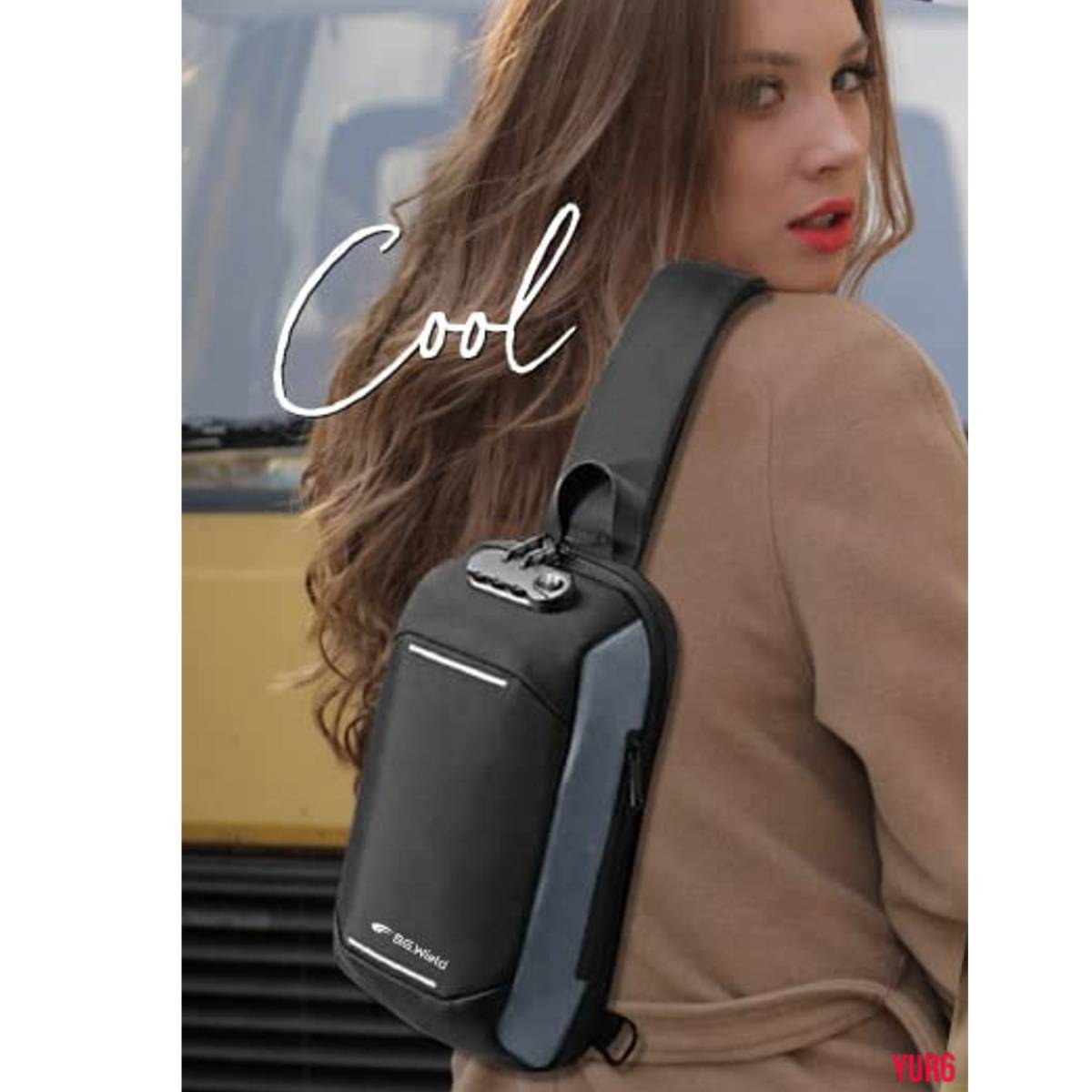 スタイリッシュ コンパクト ボディバッグ 9インチiPad 反射材 盗難防止ポケット 耐水性 耐摩耗性 ショルダー付け替え可 ブラック×グレー拍卖