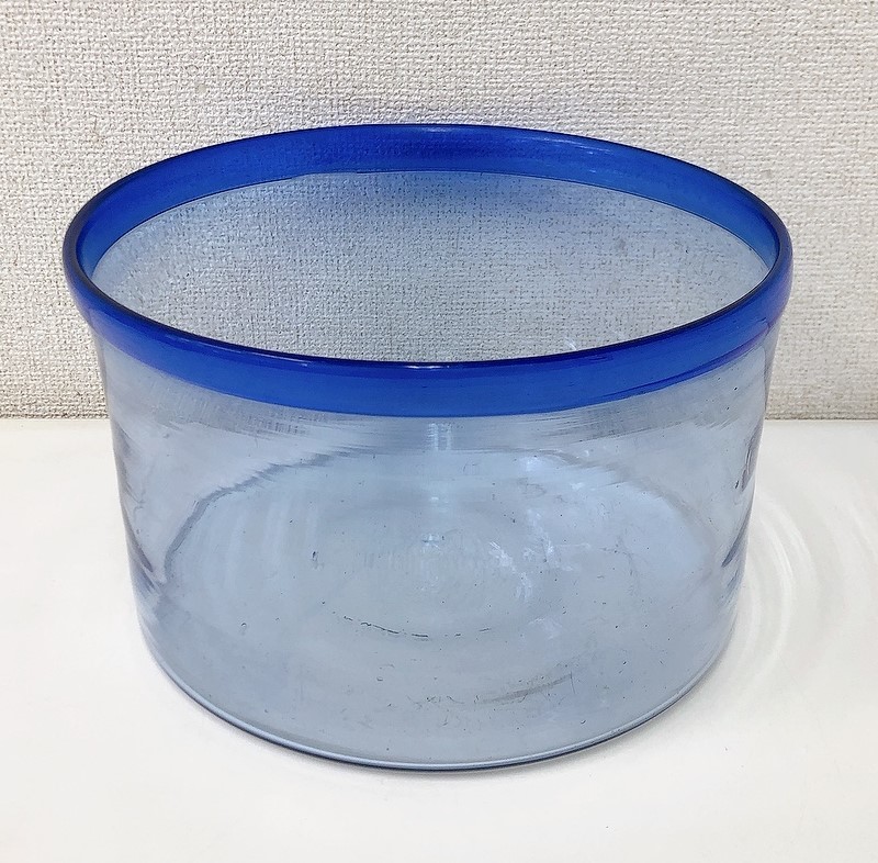 【大正ロマン 青縁 金魚鉢 和ガラス】水槽 吹きガラス/アンティーク/レトロ/インテリア/A3082拍卖