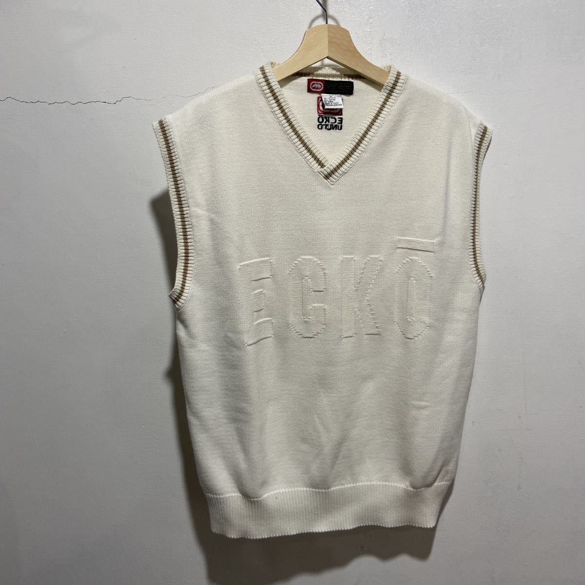 送料無料☆ ☆90s☆ecko☆スクールニットベスト☆ブランドロゴ☆Vネック☆L☆拍卖