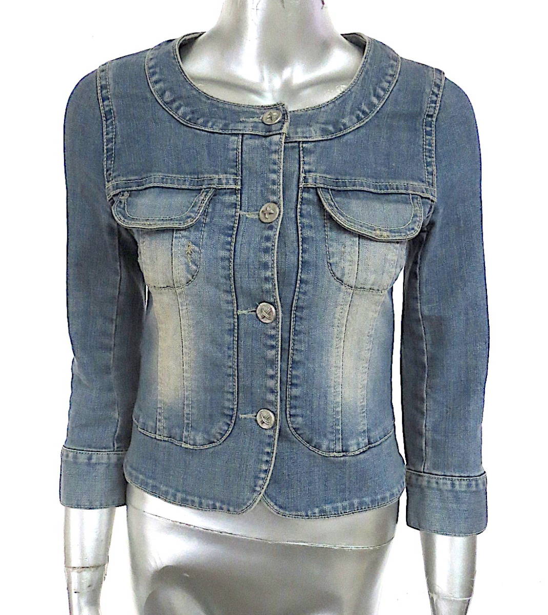 二点以上で送料無料! M80 mimi&roger ミミアンドロジャー ノーカラー デニム ジャケット S レディース 上着 インディゴ ブルー拍卖