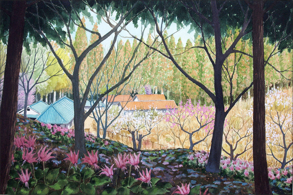 水彩画 風景画「森はカタクリの花盛り」 真作拍卖