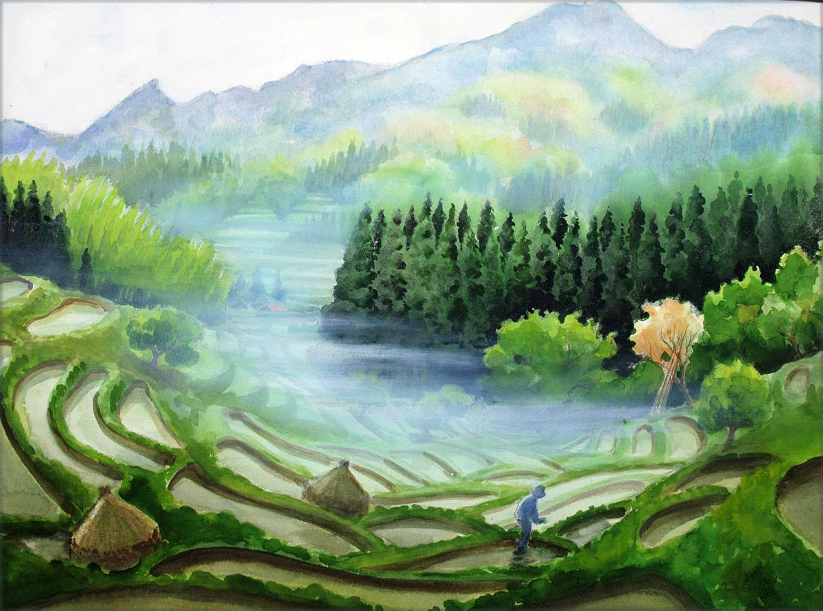 水彩画「霧晴れて―千枚田の朝」 風景画拍卖