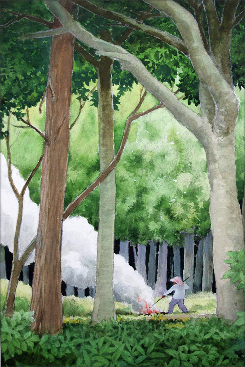 水彩画「初冬の森の焚火」風景画拍卖