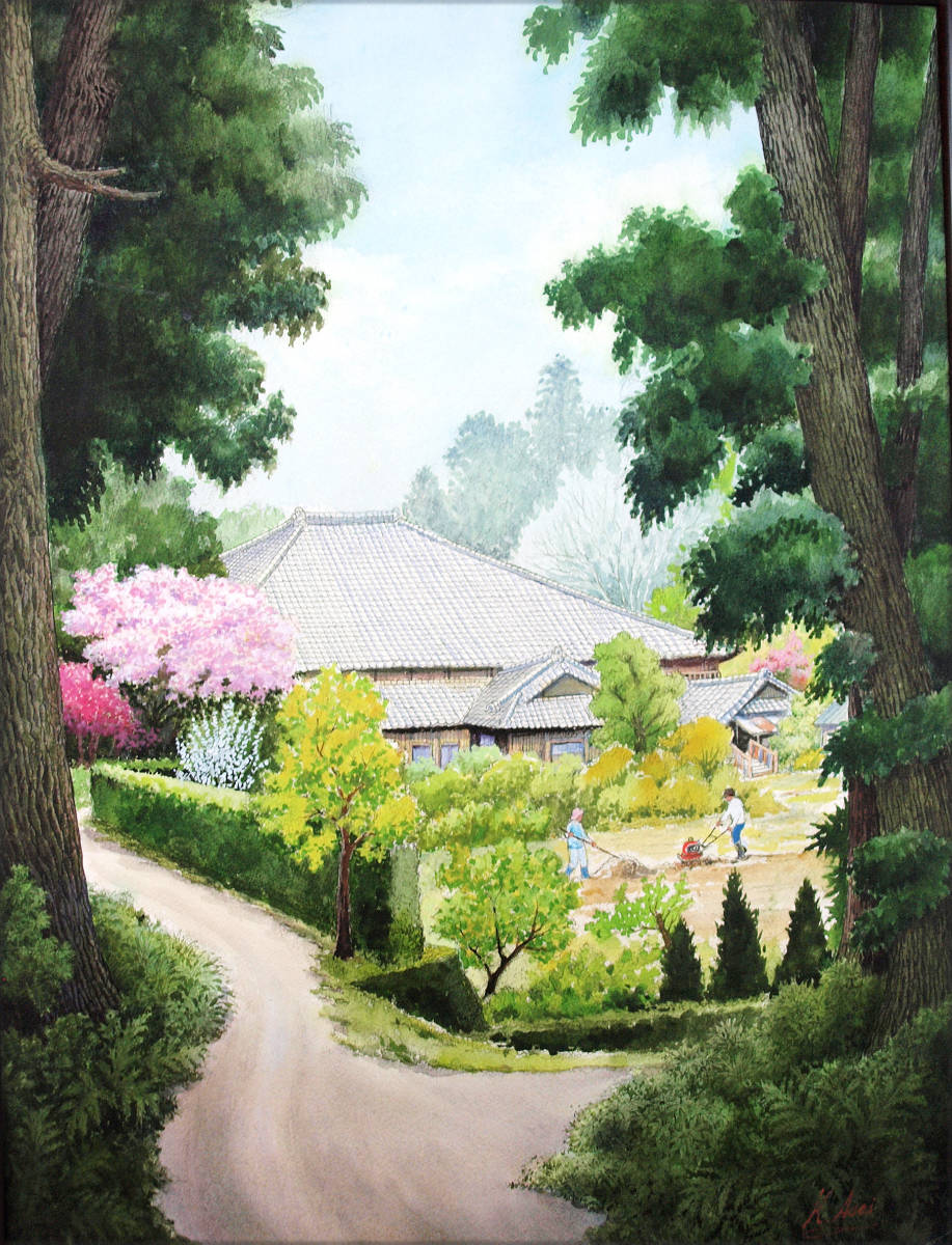水彩画 風景画「杉木立を通り抜け日差しの中へ」 真作拍卖