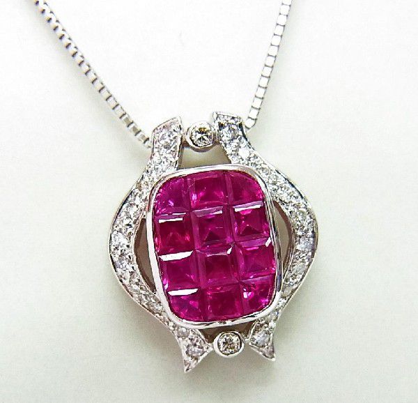 合計1.58ct 紅い 天然ルビー ミステリーセッティング 18金ホワイト製ペンダントネックレス/卸価格/送料無料拍卖