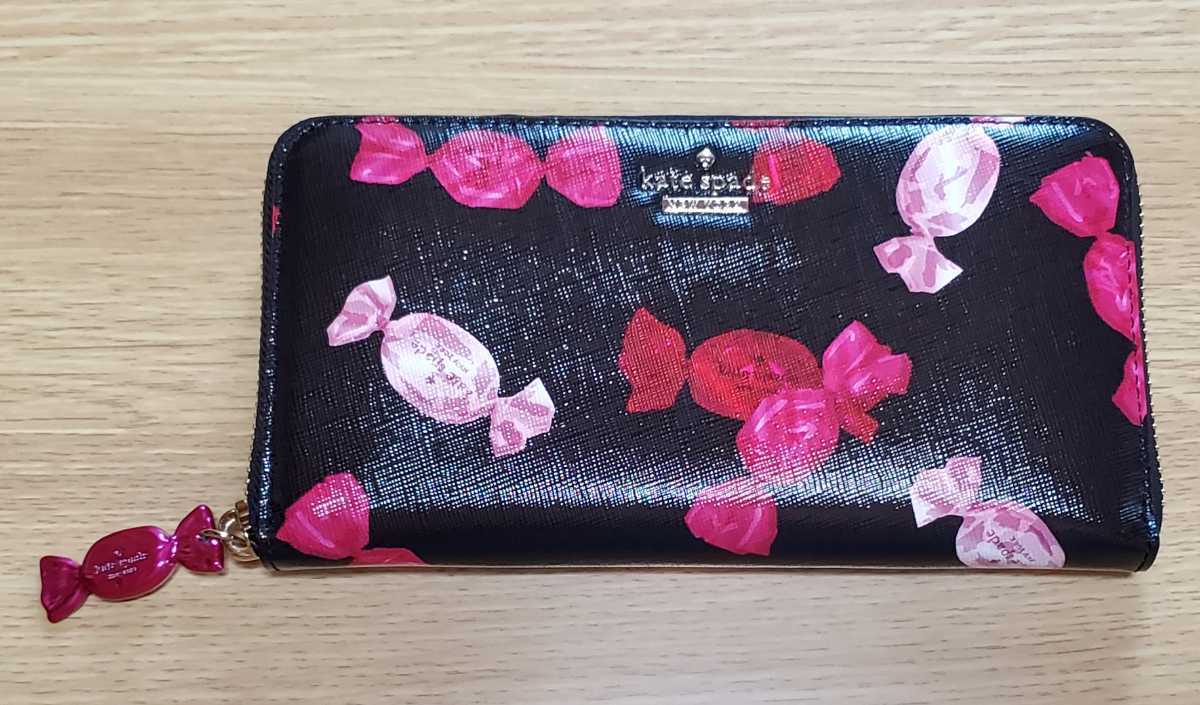 kate spade ケイト・スペード ラウンドジップ長財布 キャンディー リボン 黒 ブラック 保証書・箱付き 新品拍卖