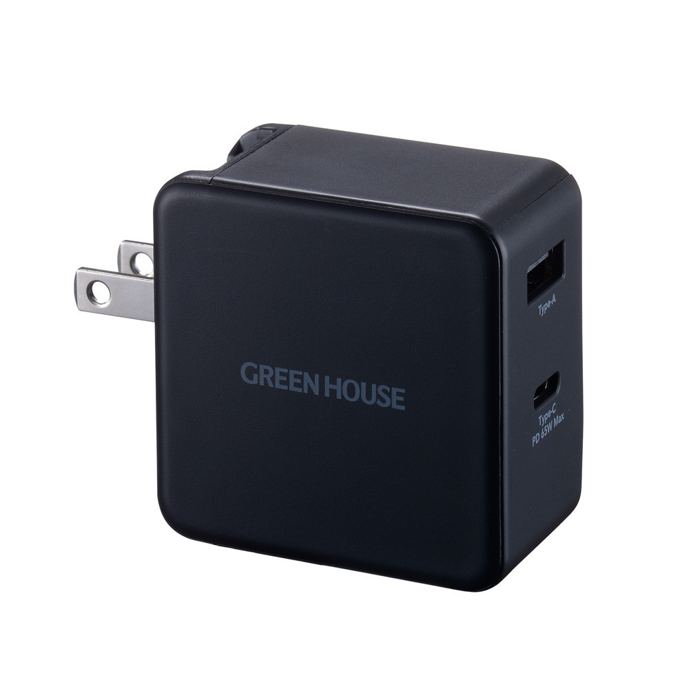 AC-USBアダプタ AC-USB充電器 2ポート 65W Type-A&C GaN グリーンハウス GH-ACU2GBC-BK/0502/送料無料メール便 緩衝材無し拍卖