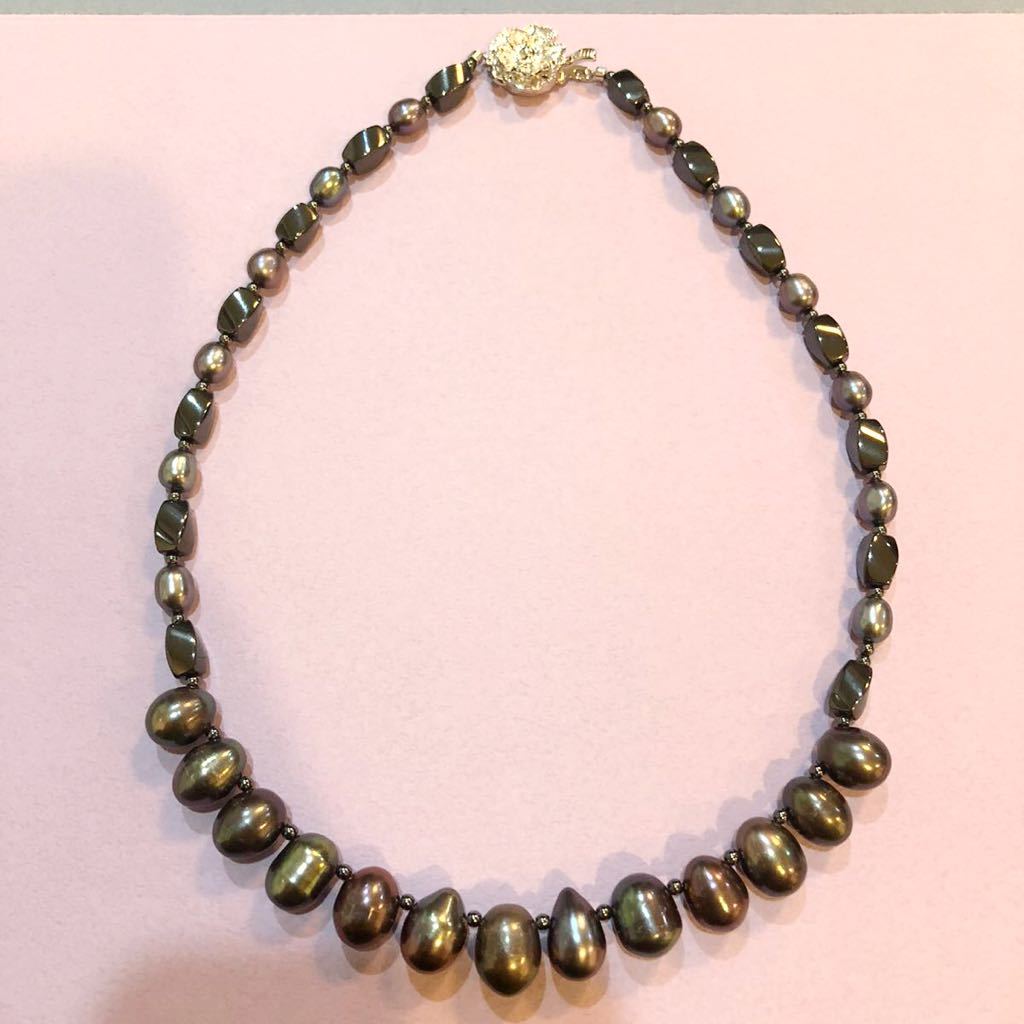 【新品】パールネックレス★真珠 淡水パール ヘマタイト SILVER シルバー 黒 パーティー 磁気拍卖