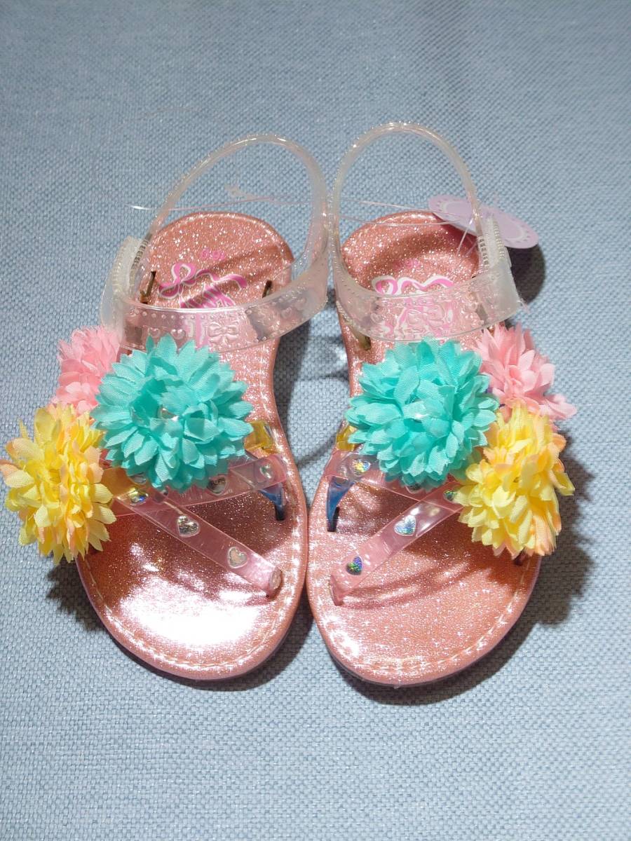 motherways(マザウェイズ) クリスタルサンダル ラメ トリプルフラワー ピンク 16cm 5488A拍卖