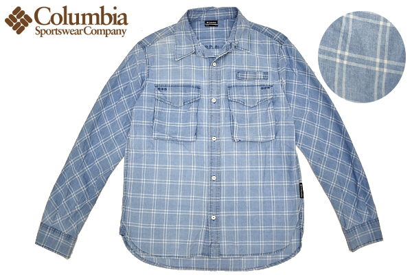 Y-3350★Columbia コロンビア スポーツウェア★ヴィンテージウォッシュ加工 涼しいデニム風 ブルー青色 チェック 長袖 シャツ L拍卖