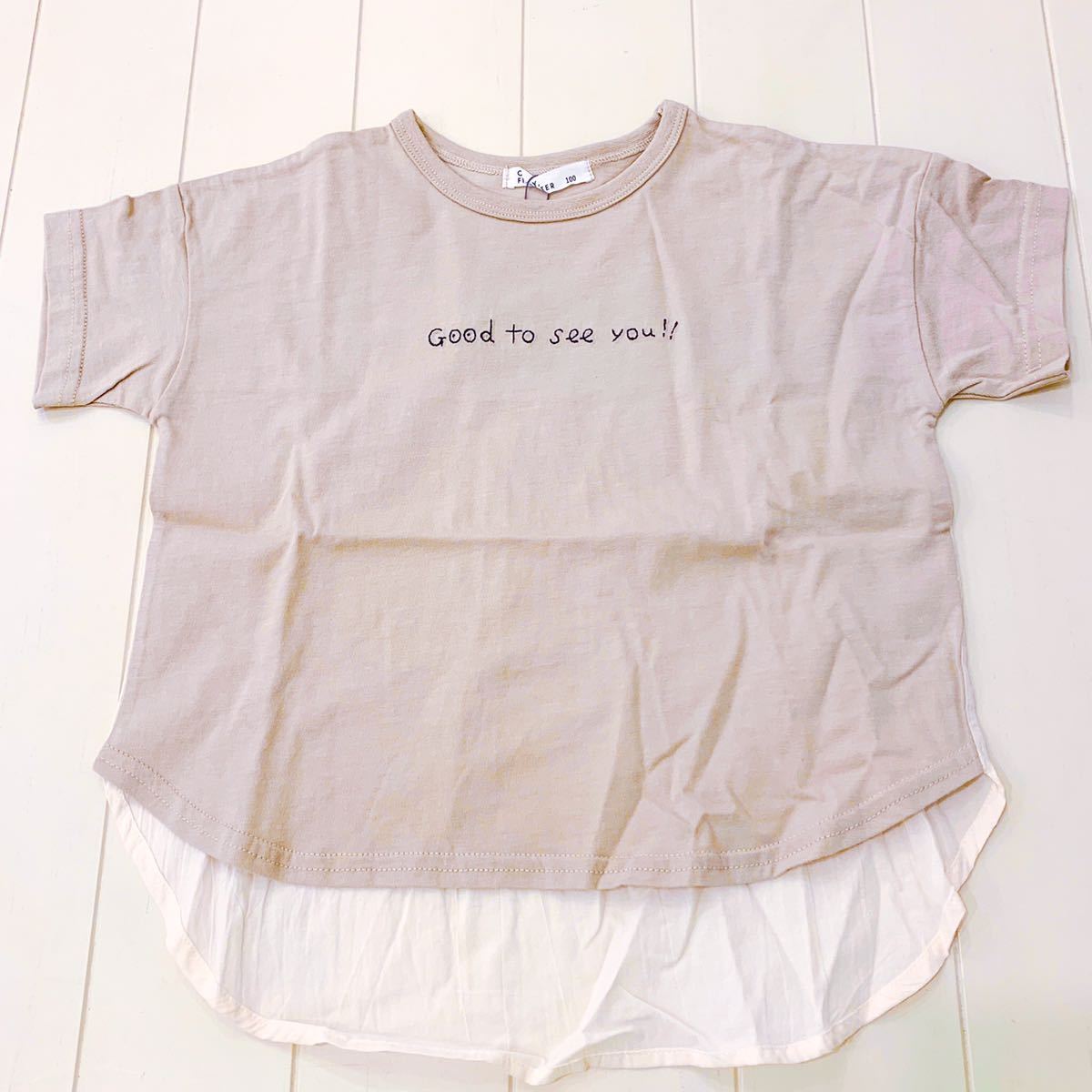 【新品未使用】cloudy fine later クラウディファインレター 100㎝ Tシャツ ライトグレー 半袖 切替 異素材 刺繍 かわいい 英字 おしゃれ拍卖