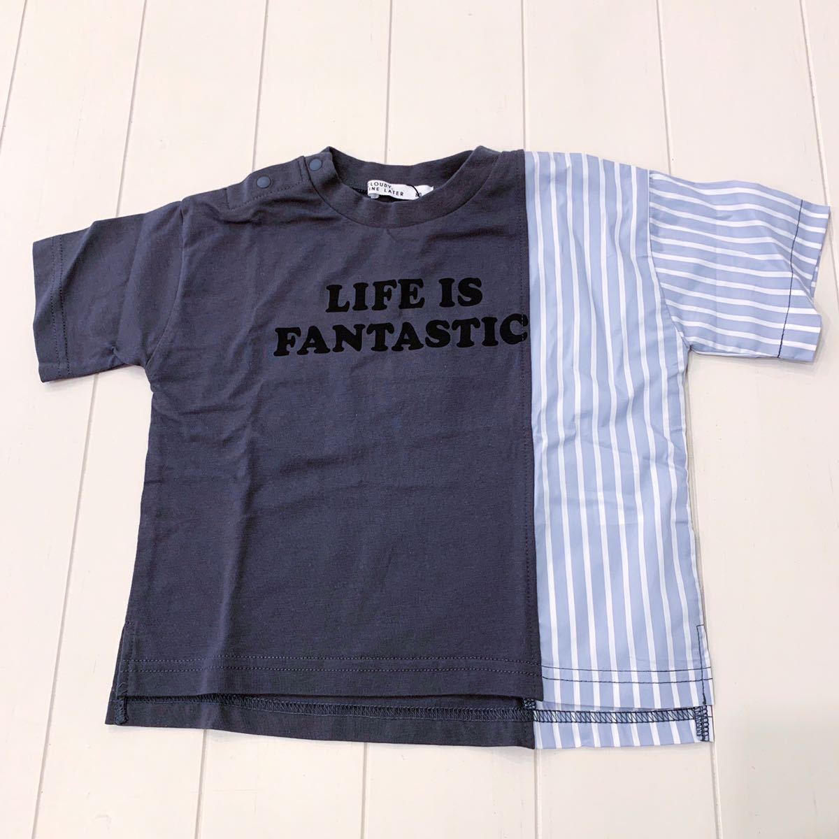【新品未使用】cloudy fine later クラウディファインレター 80㎝ Tシャツ チャコールグレー グレー 半袖 切替 異素材 英字 ストライプ拍卖