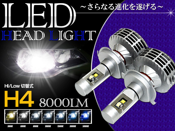 オールインワン 一体型 H4 LEDヘッドライト 3000LM 6500k ホワイト/ブルー/イエロー 切り替え可能 カラーフィルム フォグ拍卖