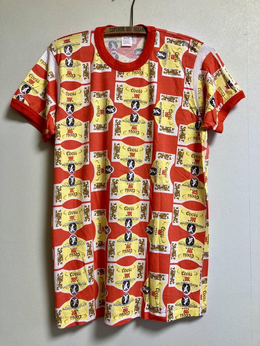 80s 90s ヴィンテージ USA製 Coors Beer クアーズ 総柄 リンガーTシャツ アドバタイジング シングルステッチ ビール 酒 企業系 3拍卖