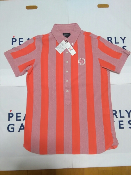 正規品 識別タグ付き パーリーゲイツ ピンクにオレンジのストライプ鹿の子ポロシャツ 4拍卖