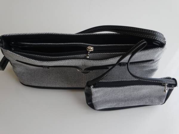 used美品★レディースショルダーバッグ★落ち着いたグレー×黒色・ミニポーチ付・通勤・通学・冠婚葬祭拍卖