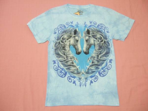 横浜最新 素敵な2頭の白馬♪魅惑の夜光仕上げTシャツ ブルー絞り柄 サイズ M 送料無料ξtsξanξ89拍卖