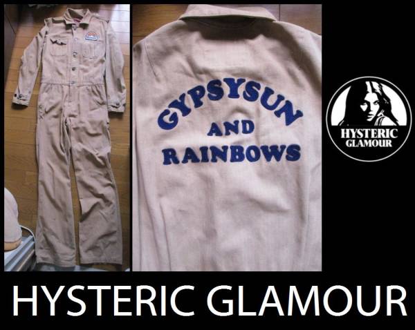 背中の刺繍が激シブ 日本製 ヒステリックグラマー つなぎ オールインワン カーキ色 ワッペン付 汚れダメージ着用間有 フリーサイズ拍卖