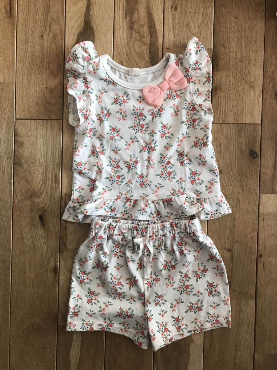 女の子 ベビー 小花柄 リボン ノースリーブ セットアップ 80センチ拍卖
