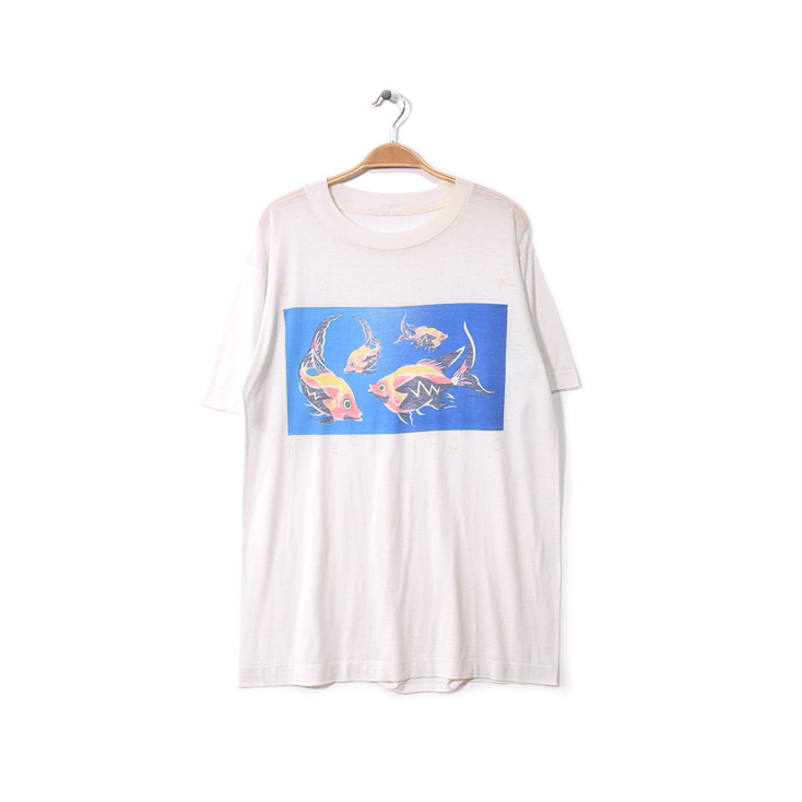【送料無料】90S メキシコ カンクン オールド 魚 プリント Tシャツ メンズL相当 ダメージ系 ヴィンテージ BB0302拍卖